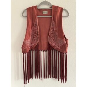 Vintage Silk Vest Womens One Size Red Fringe Embroidered Festival Western Boho